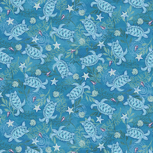 11" x 44" Salt & Sea Fabric by Henry Glass, Sea Turtles, Dark Blue, Ocean, Beach Fabric