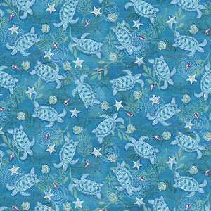 18" x 21" Salt & Sea Fabric by Henry Glass, Sea Turtles, Dark Blue, Ocean, Beach Fabric