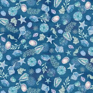12" x 44" Salt & Sea Fabric by Henry Glass, Shells and Seahorses, Dark Blue, Ocean, Beach Fabric
