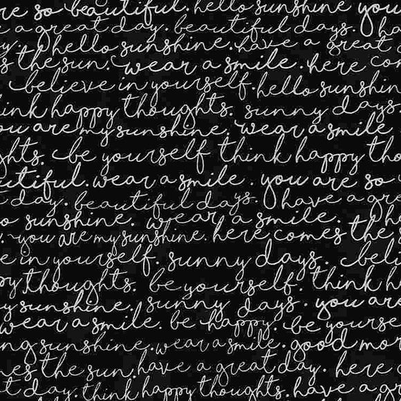 Script on Black Fabric by Timeless Treasures, Words on Black Gabric