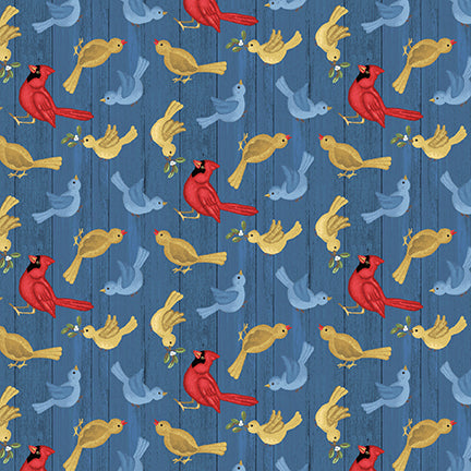 Snowman's Dream Tossed Birds Fabric by Studio E, cardinals on Blue Wood
