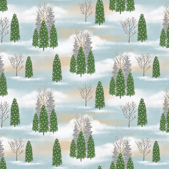 Snowman's Dream Winter Scenery Fabric by Studio E, Pine Trees