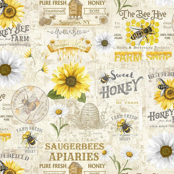 Honey Bee Farm, Vintage Bee Farm Sign Fabric by Timeless Treasures, Bee Fabric