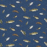 Wake at the Lake Fish Toss Navy Blue Fabric by Riley Blake Designs, Cabin, Fishing, Quilting Fabric