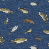 Wake at the Lake Fish Toss Navy Blue Fabric by Riley Blake Designs, Cabin, Fishing, Quilting Fabric