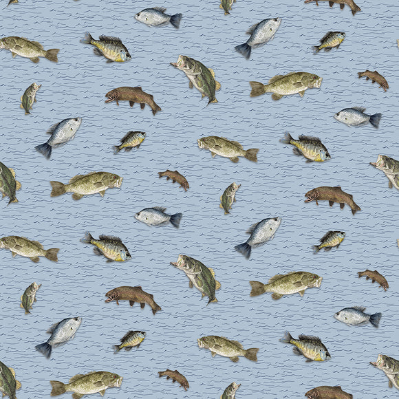 Wake at the Lake Fish Toss Sky Fabric by Riley Blake Designs, Fishing Fabric, Sky Blue