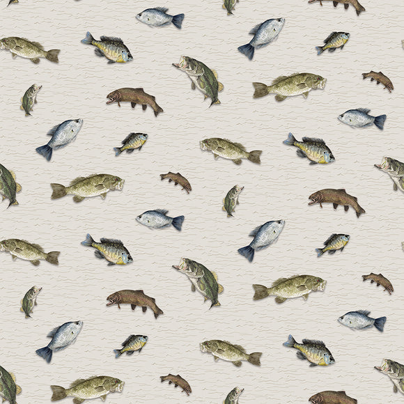 Wake at the Lake Fish Toss Tan Fabric by Riley Blake Designs, Fishing Fabric