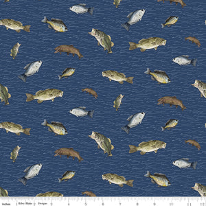 Wake at the Lake Fish Toss Navy Blue Fabric by Riley Blake Designs, Cabin, Fishing