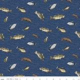 Wake at the Lake Fish Toss Navy Blue Fabric by Riley Blake Designs, Cabin, Fishing, Quilting Fabric