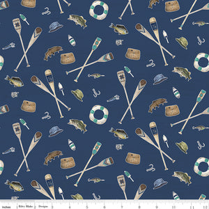 Wake at the Lake Icons Navy Blue Fabric by Riley Blake Designs, Cabin, Fishing