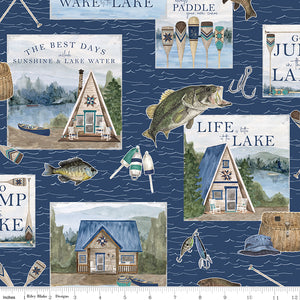 Wake at the Lake Main Navy Fabric by Riley Blake Designs, Cabin, Fishing