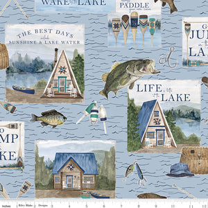 Wake at the Lake Main Sky Blue Fabric by Riley Blake Designs, Cabin, Fishing