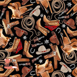 Western Life Accessories Fabric by Timeless Treasures, Western, Saddle, Boots, Cowboy