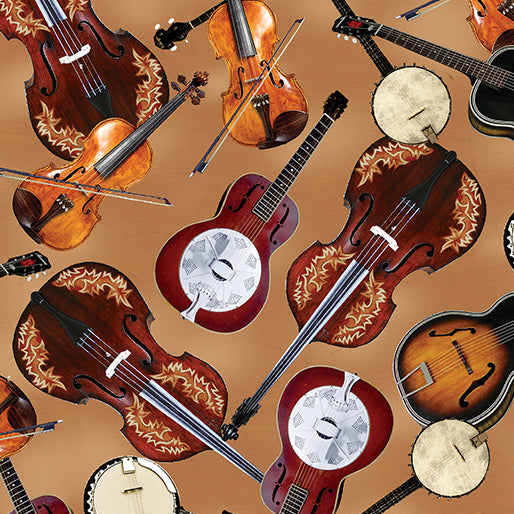 Yellowstone Country Music Light Brown, Fabric by Benartex, Western Fabric, Dobro, Banjo, Fiddle