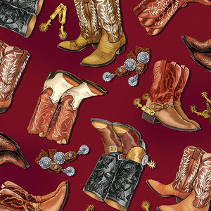 Yellowstone Cowboy Boots Brick Red, Fabric by Benartex, Western Fabric