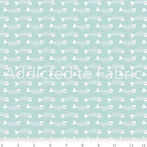 Purrfect Day Fabric by Riley Blake, Fishbones, Cat Fabric, Kitty, Aqua