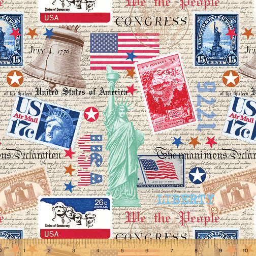 We the People Fabric by Windham Fabrics, Statue of Liberty, USA Postage Stamps