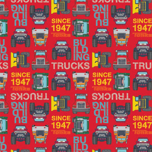 8" x 44" Tonka Trucks on Red Fabric, Half Yard, Tonka Blocks, Cotton