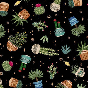 Adobe Canyon Fabric by Michael Miller, Cactus Plants on Black
