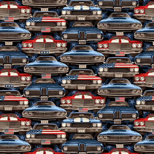 American Muscle Cars Fabric, Patriotic On Coming Cars by Studio E