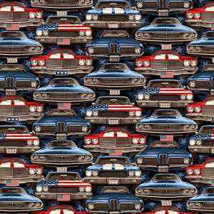 8" x 44" American Muscle Cars Fabric, Patriotic On Coming Cars by Studio E