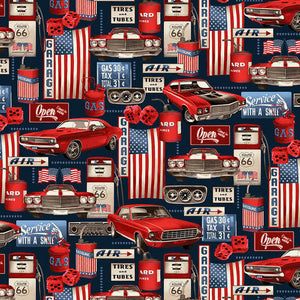 16" x 44" American Muscle Cars Fabric, Patriotic Garage Collage, Studio E