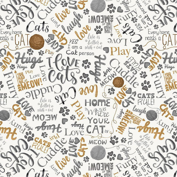 Ball of Yarn and Text Fabric by Timeless Treasures, I Love Cats Fabric, Kitten Fabric