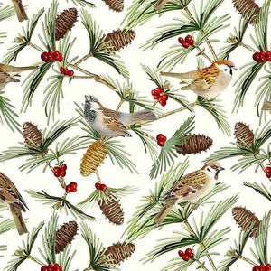 Winter Birds on Branches and Pinecones Fabric by Timeless Treasures