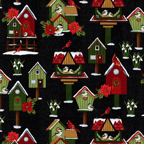 Frozen In Time Fabric by Henry Glass, Cotton Fabric, Bird Houses, Black