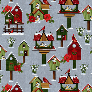 Frozen In Time Fabric by Henry Glass, Cotton Fabric, Bird Houses, Gray