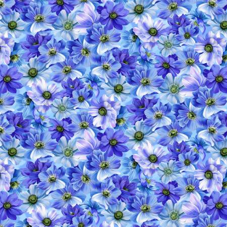 Blue Fresh Bouquet Fabric by Michael Miller, Floral Fantasy, Flowers on Blue Fabric