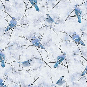Winter Woods Blue Jay Birds in Winter Fabric by Timeless Treasures, Blue Jays