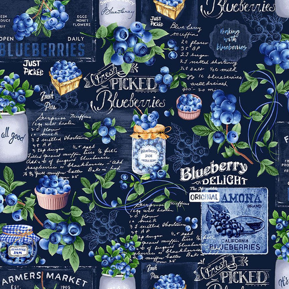 Blueberry Delight Fabric by Timeless Treasures, Blueberry Chalkboard