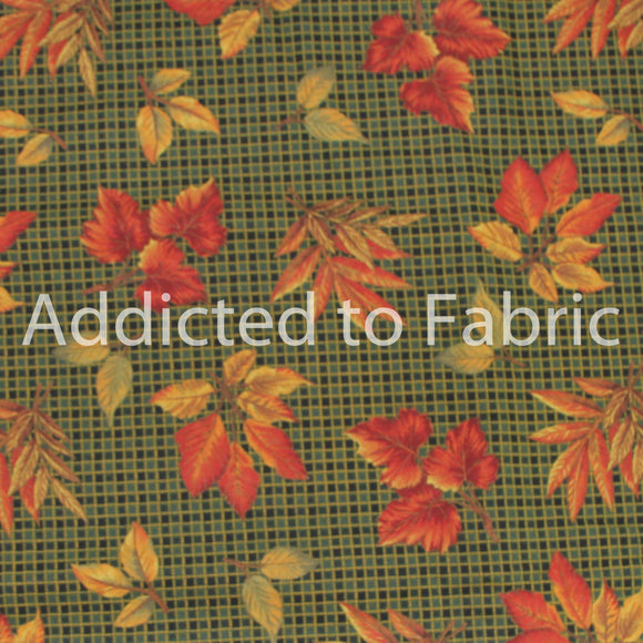 VIP Cranston, Autumn Leaves on Green Plaid, Fabric by the Yard, by the Half Yard, Fall