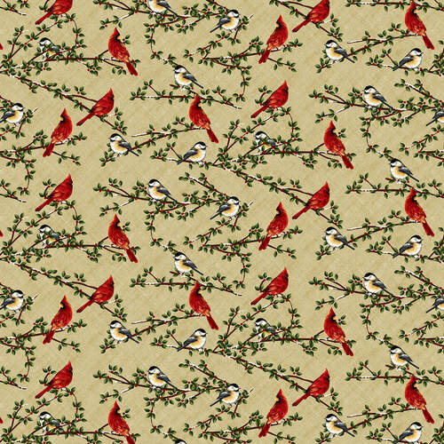 Frozen In Time Fabric by the Yard, Cardinals on Cream Fabric, Henry Glass