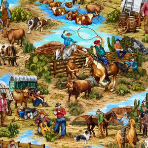 Cattle Drive Quilting Fabric by Oasis Fabrics, Western Fabric, Horses, Steers
