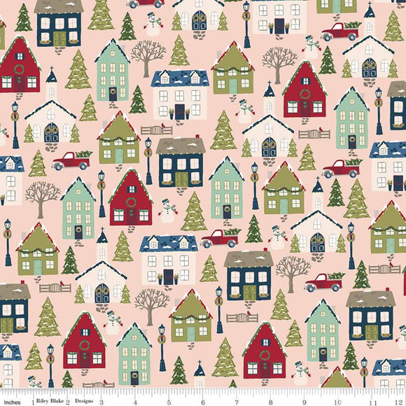 Christmas Village Main Blush Fabric by Riley Blake Designs, Christmas Fabric