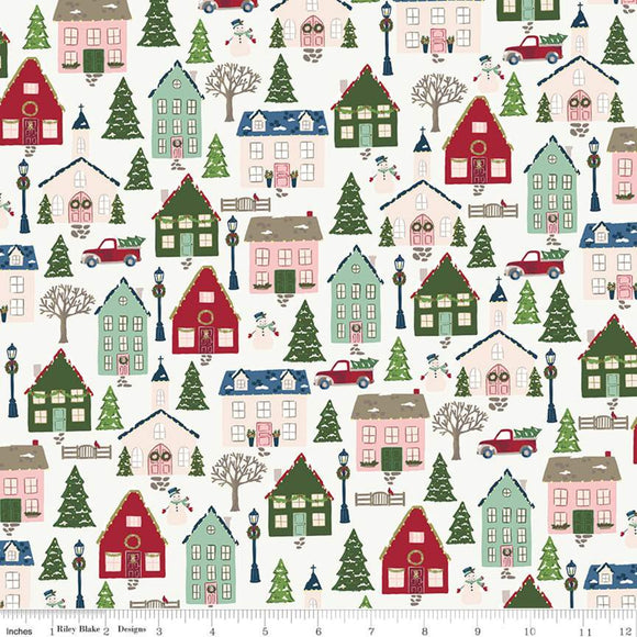 Christmas Village Main Off White Fabric by Riley Blake Designs, Christmas Fabric