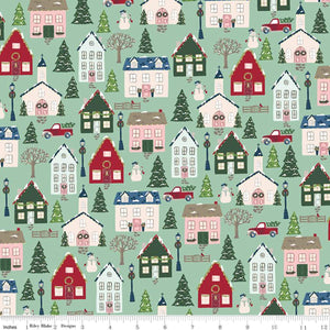 Christmas Village Main Seaglass Green Fabric by Riley Blake Designs, Christmas Fabric