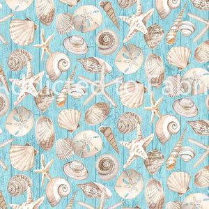 Seashells on Blue Fabric by Northcott, Coastal, Beach Shells Fabric