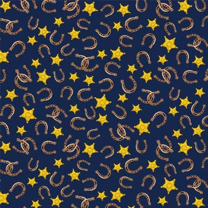Country Rodeo Fabric by Michael Miller, Golden Horseshoes on Navy Blue, Western Fabric