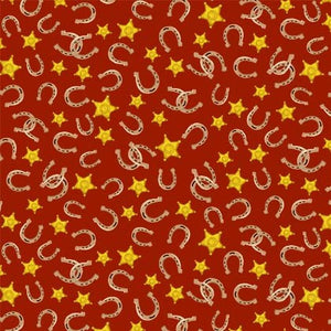 Country Rodeo Fabric by Michael Miller, Golden Horseshoes on Red, Western Fabric