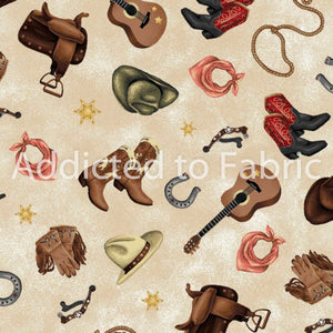 16" x 44" Cowgirl Spirit, Boots, Hats Guitars Fabric by Oasis Fabric Western Fabric