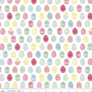 Easter Parade Eggs on White Fabric by Riley Blake, Chicks in Eggs
