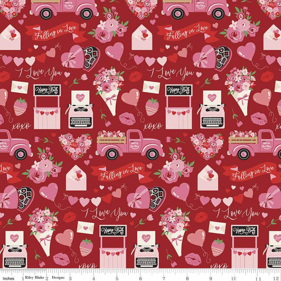 Falling in Love, Main Red, Valentine's Day Fabric, Riley Blake, Trucks, Cotton