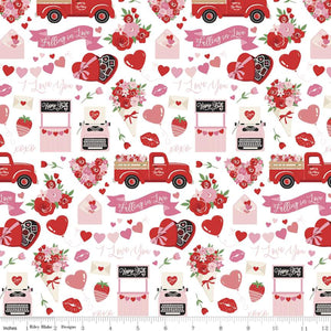 Falling in Love, Main White, Valentine's Day Fabric, Riley Blake, Red Trucks, Cotton