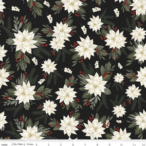 Farmhouse Christmas Fabric, Riley Blake Designs, White Poinsettias on Black