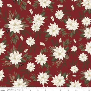 Farmhouse Christmas Fabric, Riley Blake Designs, White Poinsettias on Red