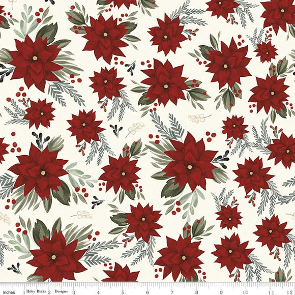 Farmhouse Christmas Fabric, Riley Blake Designs, Red Poinsettias on White