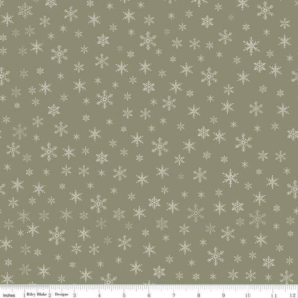 Farmhouse Christmas Fabric by Riley Blake, White Snowflakes on Sage, Green